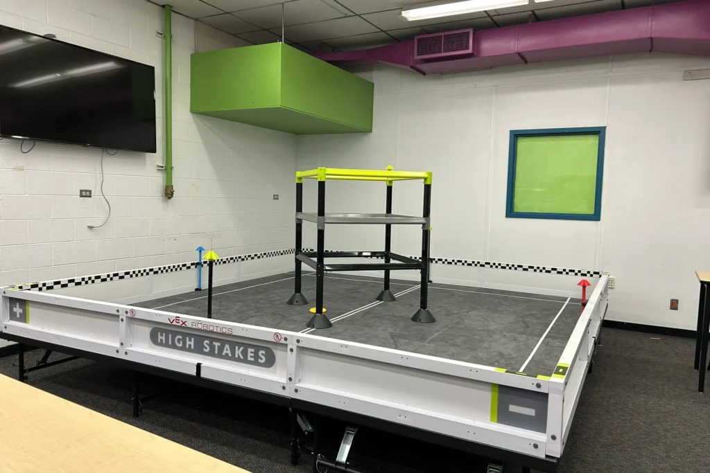 The battle bot arena in Sabin Middle School’s robotics lab, featuring a tiered platform, where students test their robots.