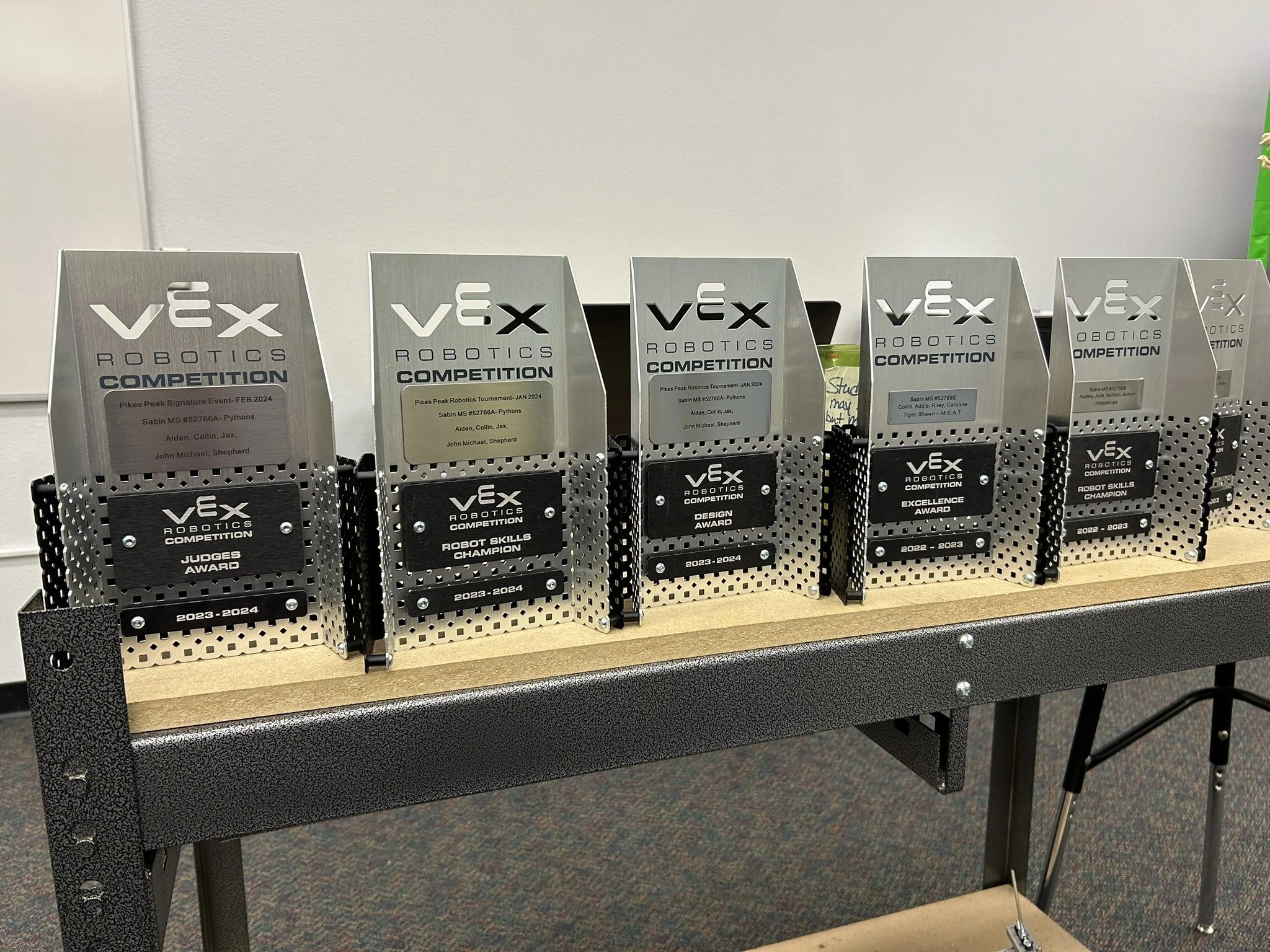 VEX Robotics Competition awards won by Sabin Middle School students for design, excellence, and robot skills from 2022 to 2024.