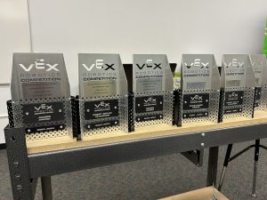 VEX Robotics Competition awards won by Sabin Middle School students for design, excellence, and robot skills from 2022 to 2024.